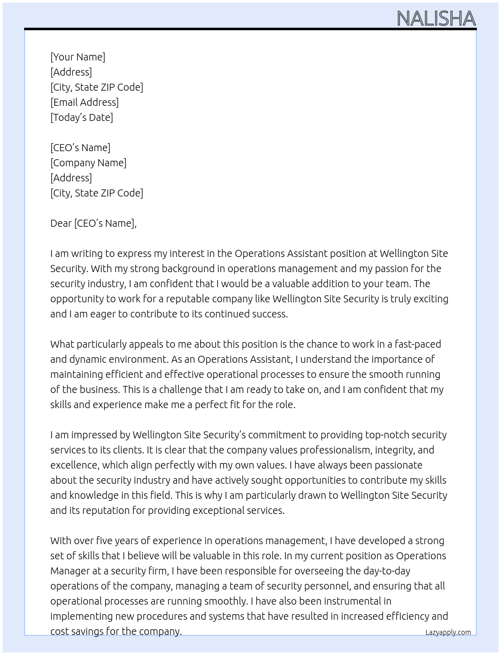 Operations Assistant At Wellington Site Security Cover Letter