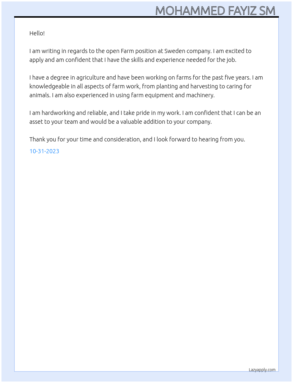 Farm At Sweden company  Cover Letter