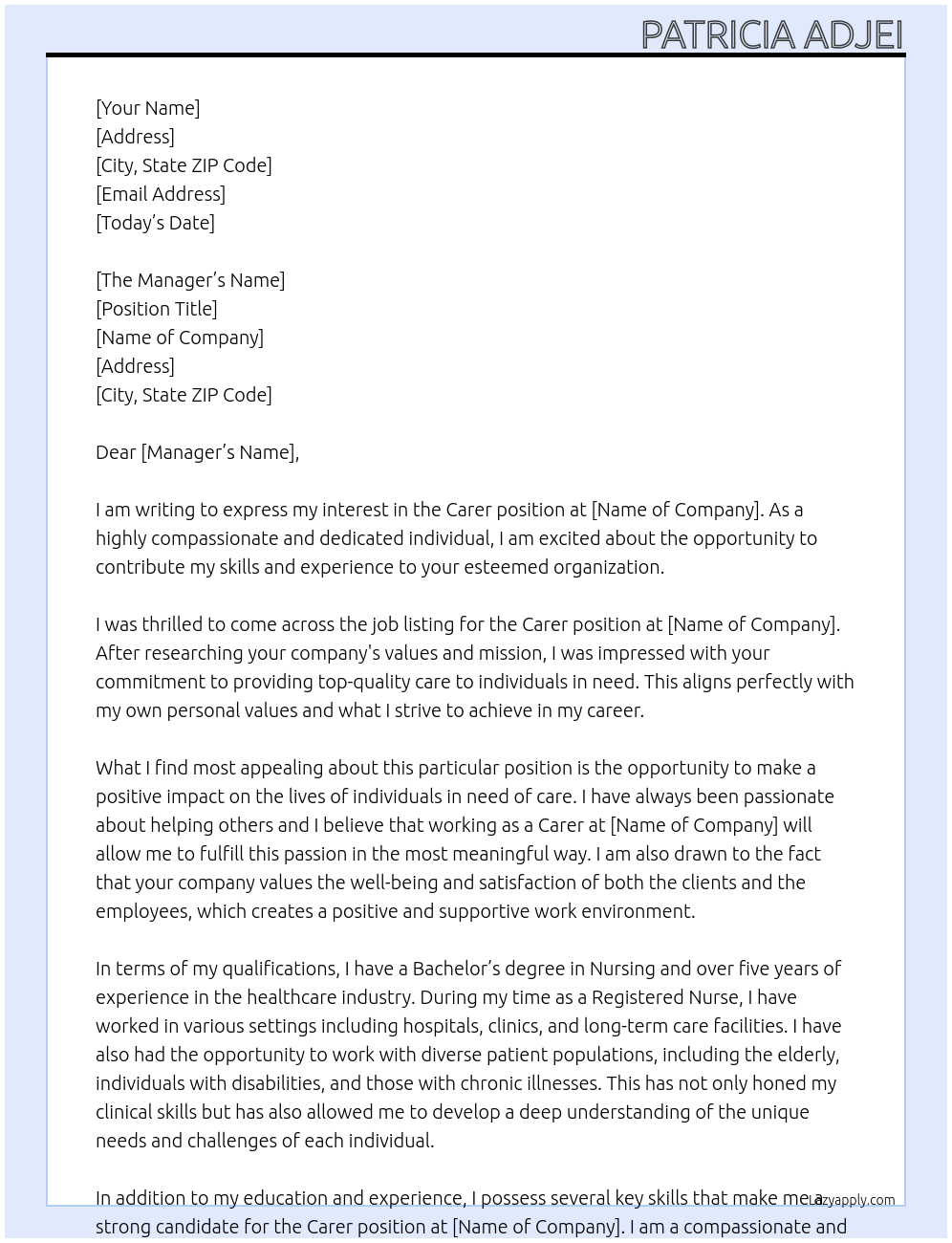 Carer At care giver company Cover Letter