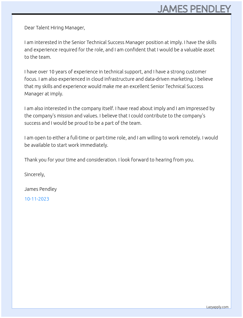 Senior Technical Success Manager At imply Cover Letter