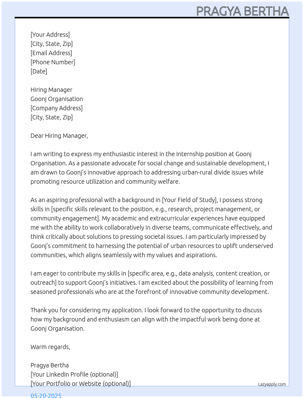 Internship At GOONJ ORGANISATION Cover Letter