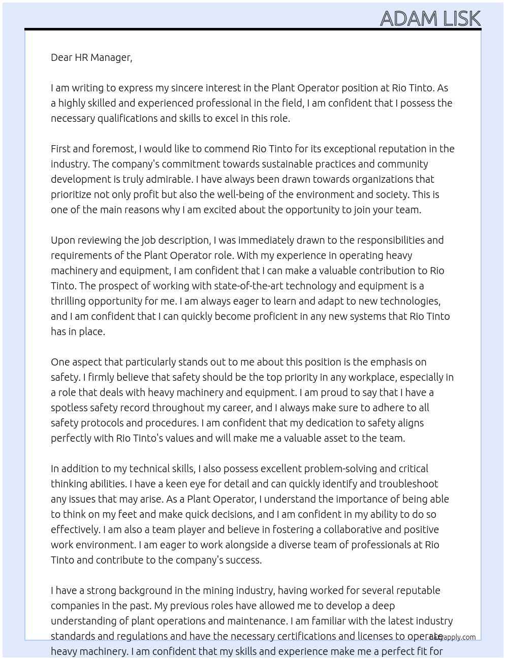 Plant Operator At Rio Tinto Cover Letter