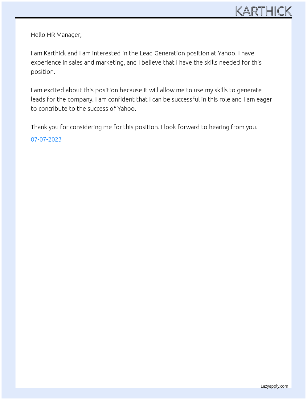 Lead Generation At Yahoo Cover Letter