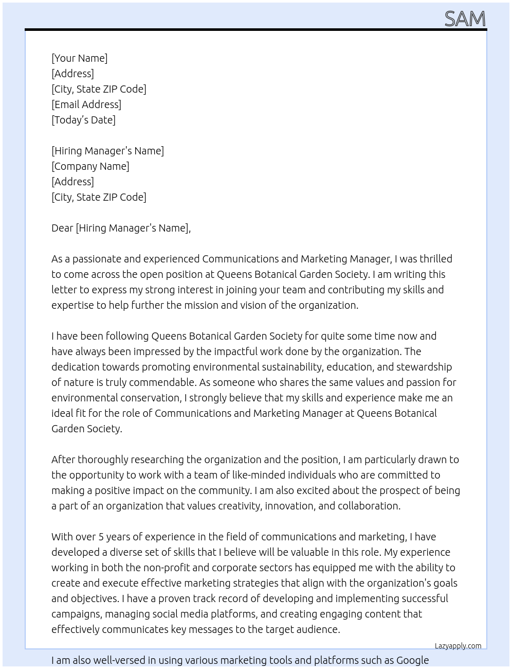 Communications and Marketing Manager At Queens Botanical Garden Society Cover Letter