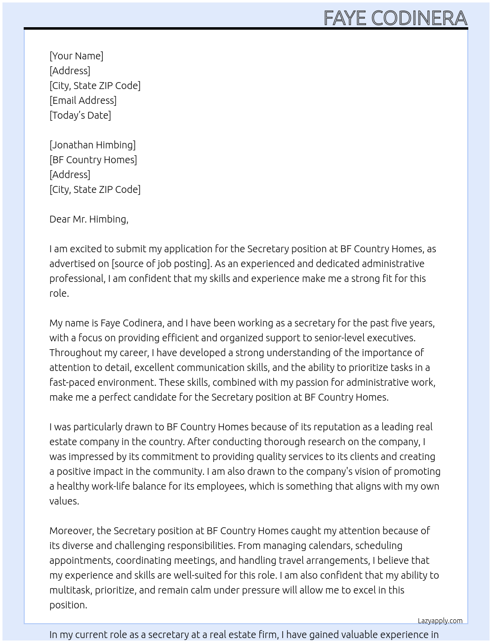 secretary At bf country homes Cover Letter