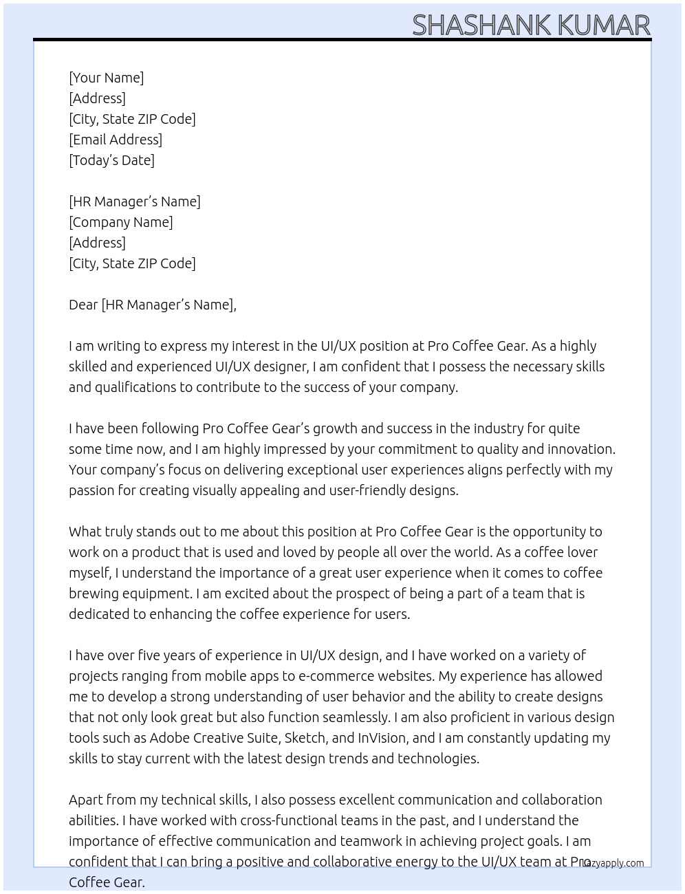 UI/UX At pro Coffee Gear Cover Letter