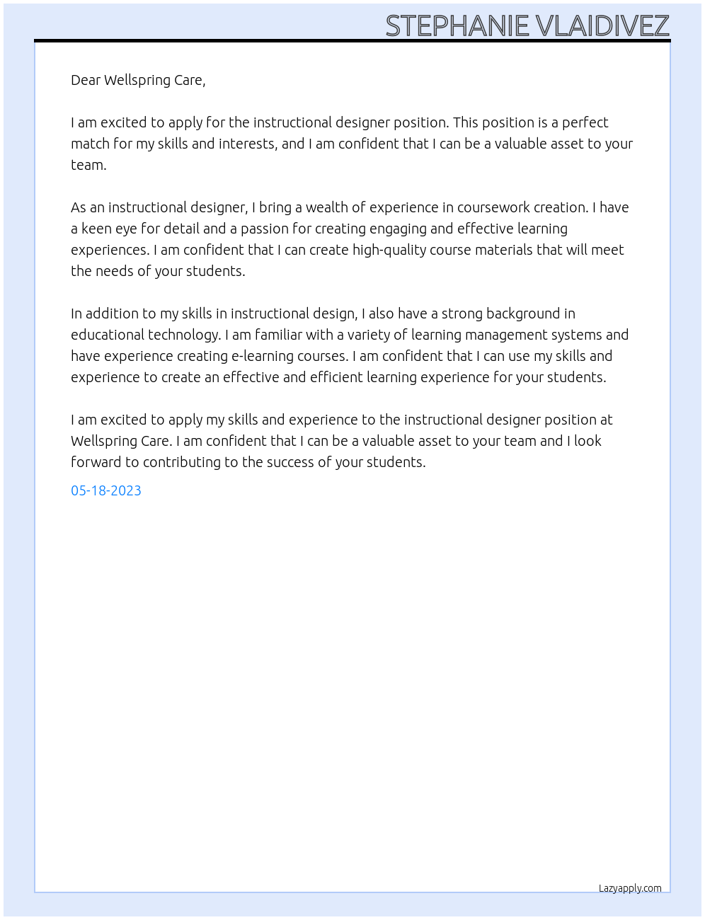 Instructional Designer At Wellspring Care Cover Letter