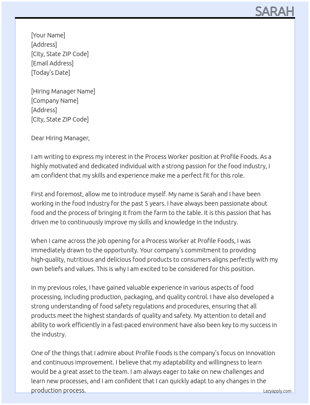 Process Worker At Profile Foods Cover Letter