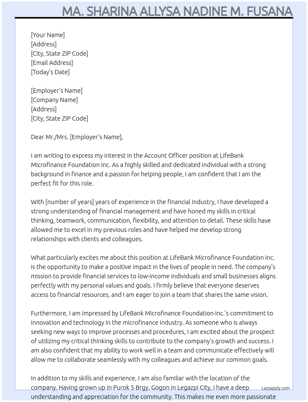 Account Officer At LifeBank Microfinance Foundation Inc. Cover Letter