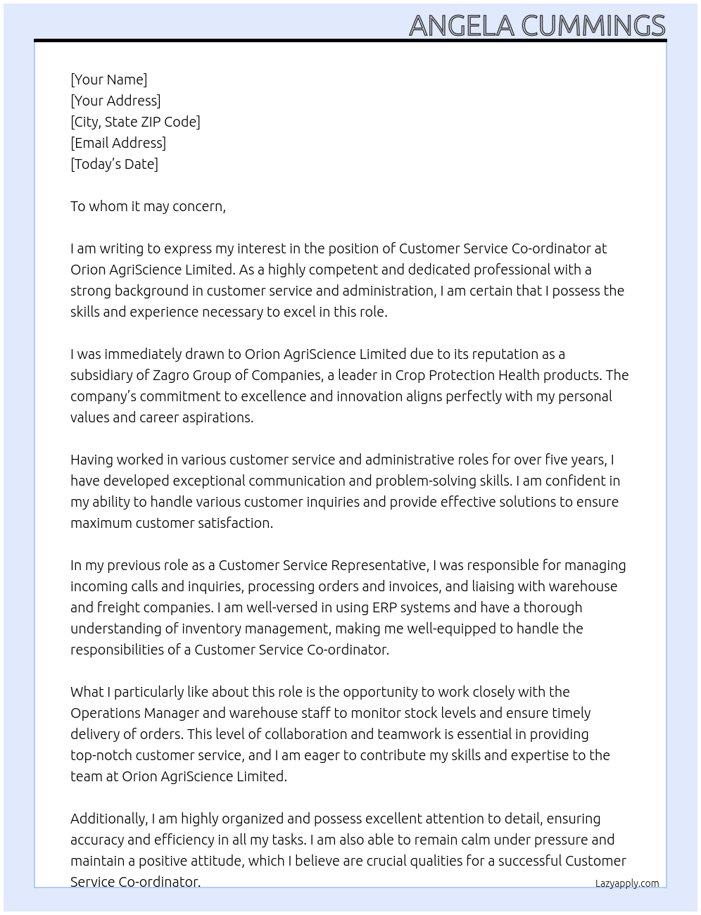 Customer Service Co-ordinator At Orion AgriScience Limited Cover Letter