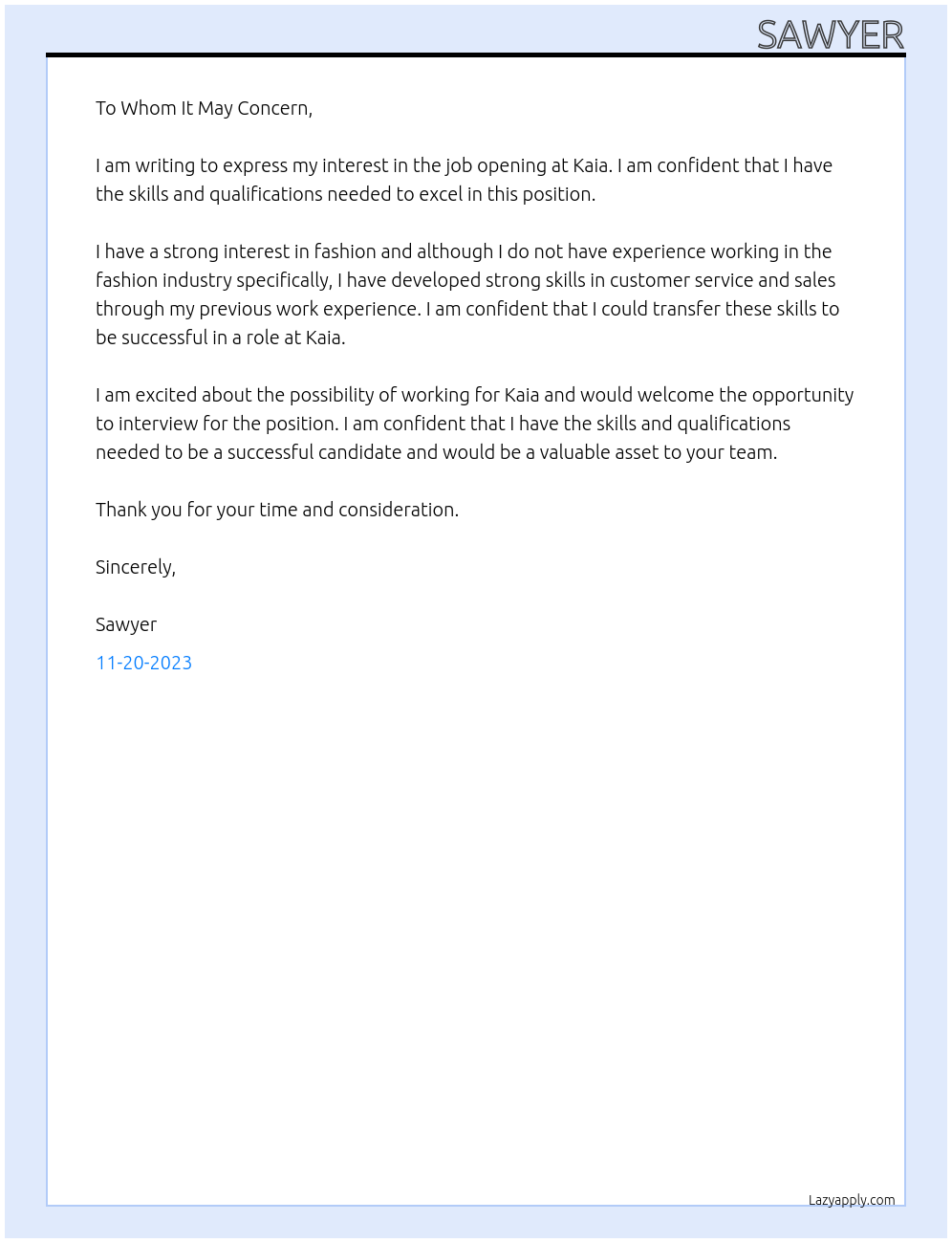 job At kaia Cover Letter