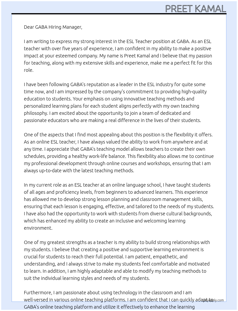 ESL Teacher At GABA Cover Letter