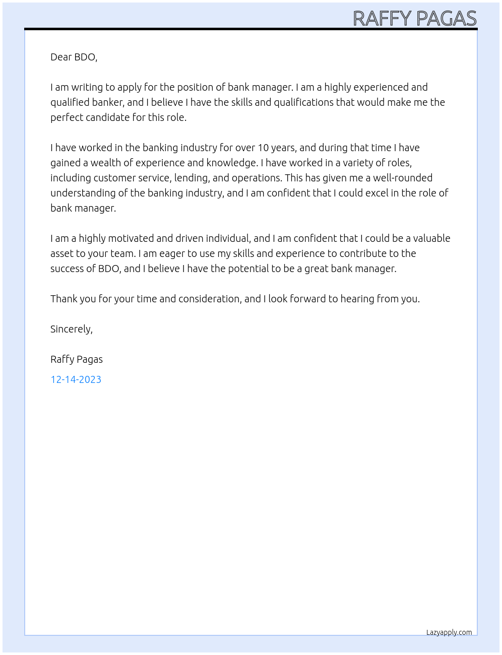 Bank manager  At BDO Cover Letter