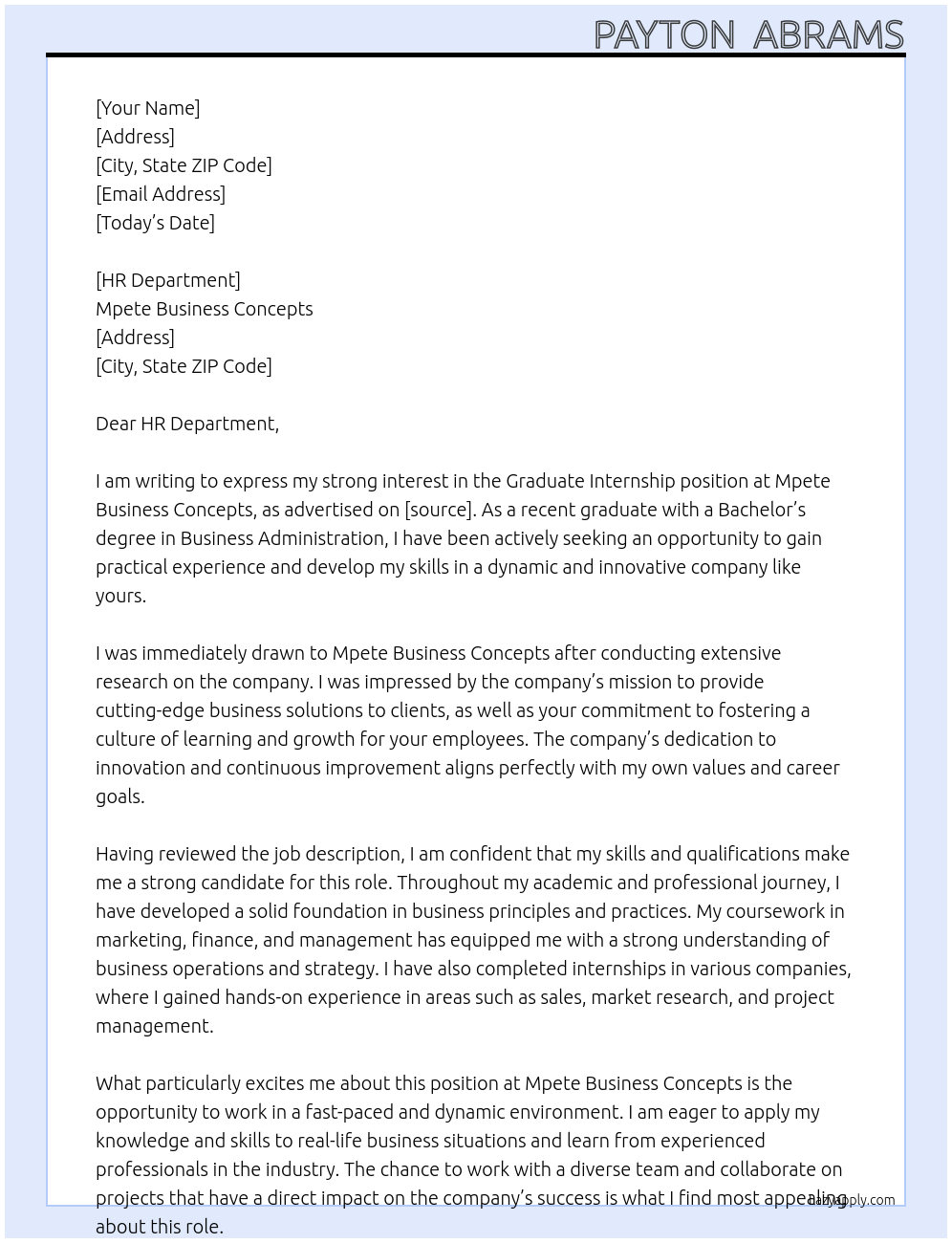 Graduate internship  At Mpete business concepts Cover Letter
