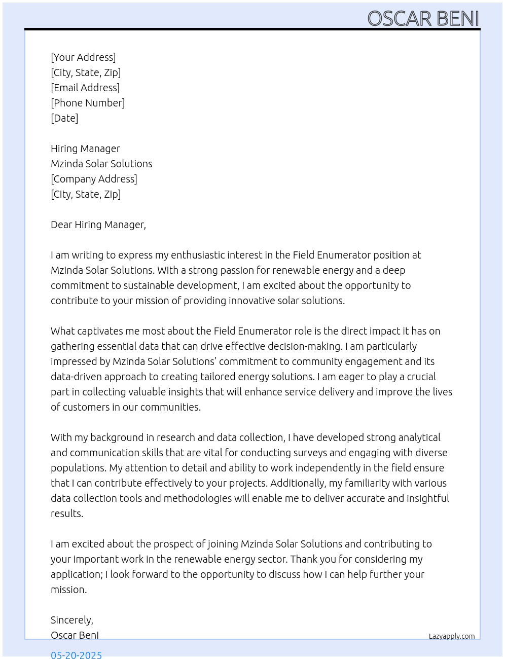 Field Enumerator At Mzinda Solar Solutions Cover Letter