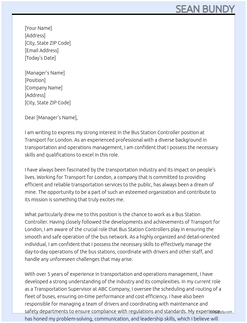 Cover letter for bus station controller - LazyApply