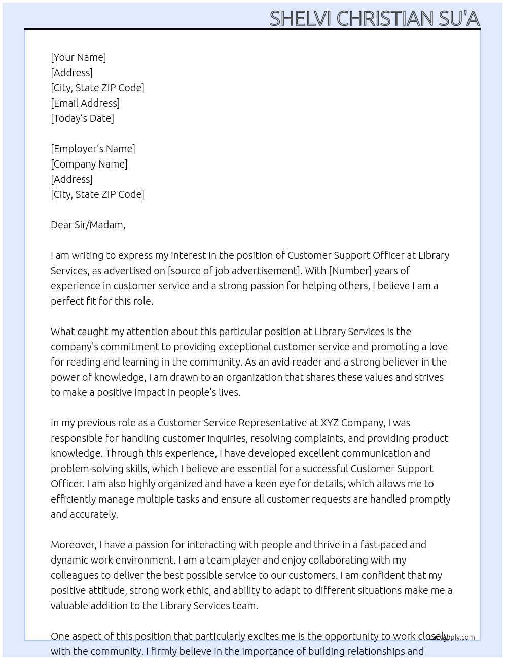 Customer Support officer At Library Services Cover Letter