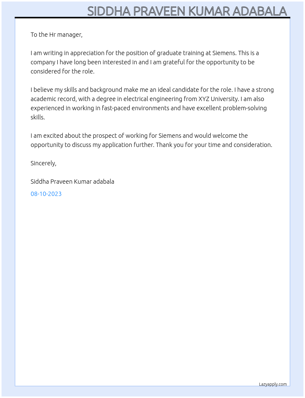 Graduate training  At Siemens  Cover Letter