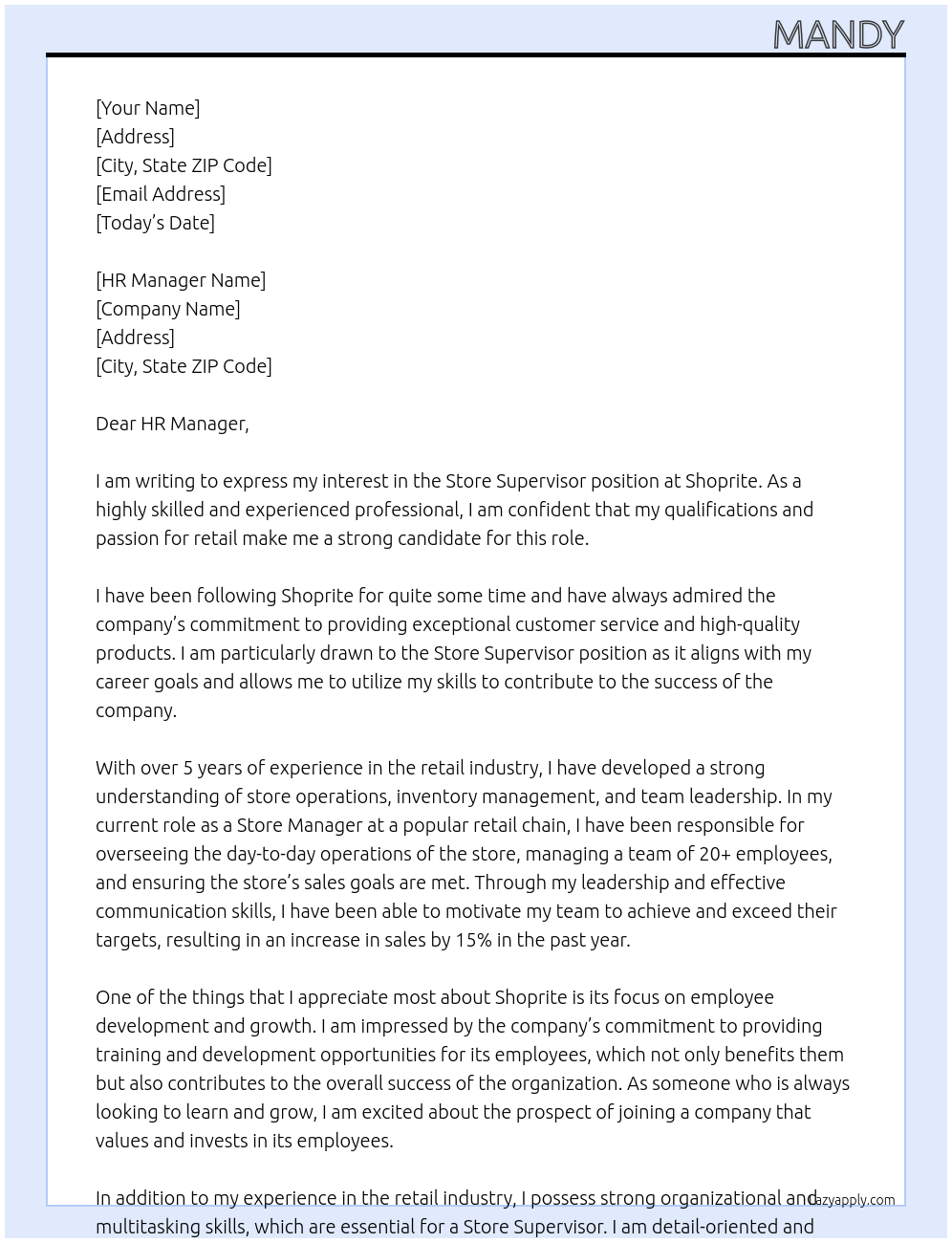 Store Supervisor At Shoprite Cover Letter