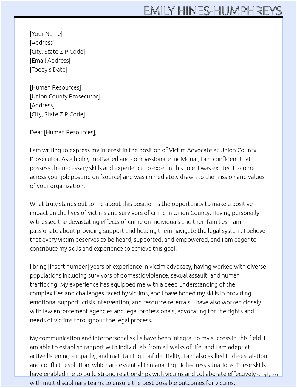 Victim Advocate  At Union County Prosecutor Cover Letter