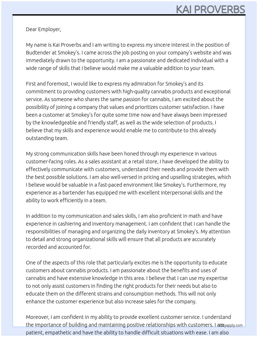 Budtender At Smokey's Cover Letter