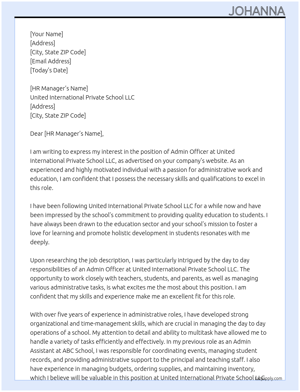 Admin Officer At United International Private School LLC Cover Letter