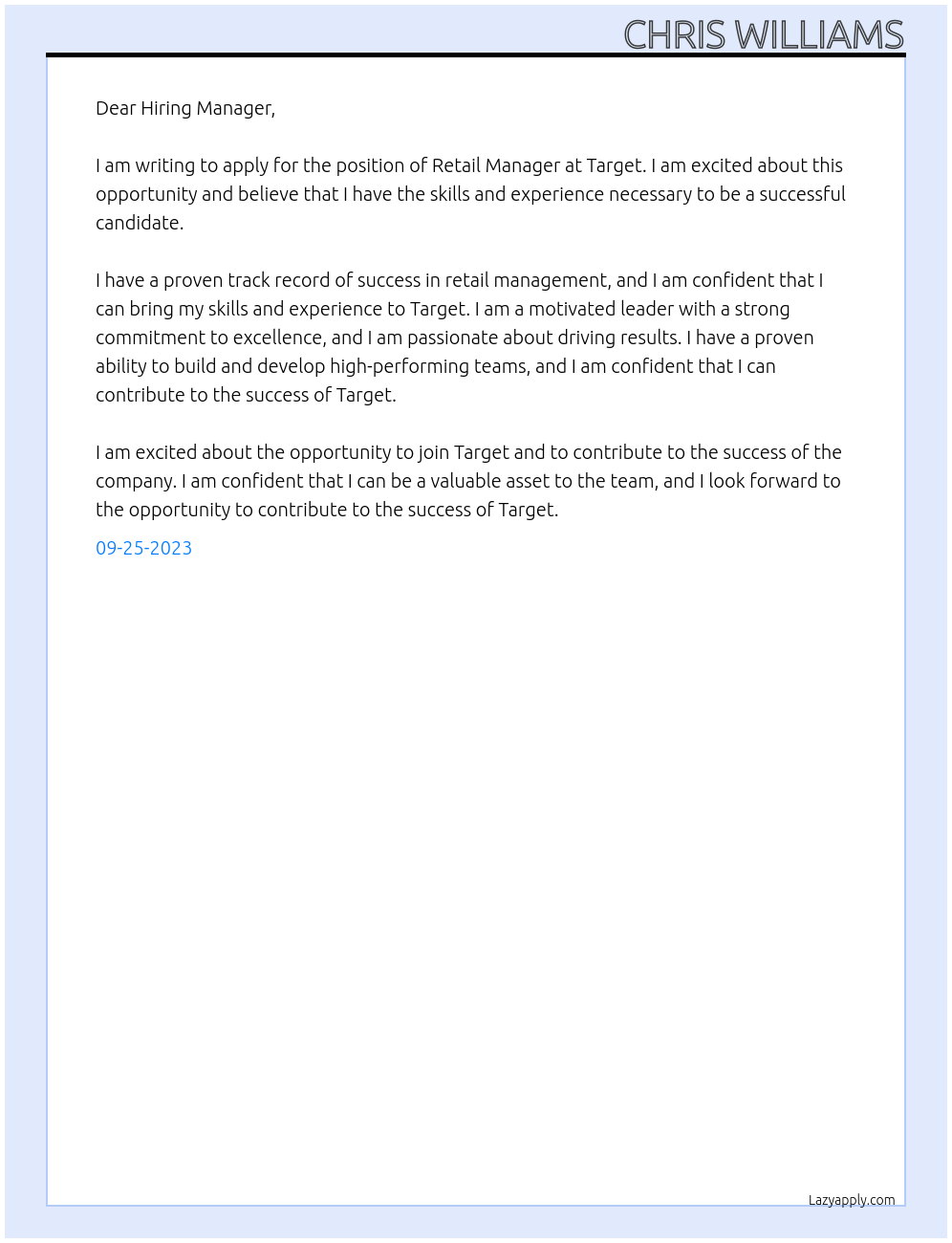 Retail manager At Target Cover Letter