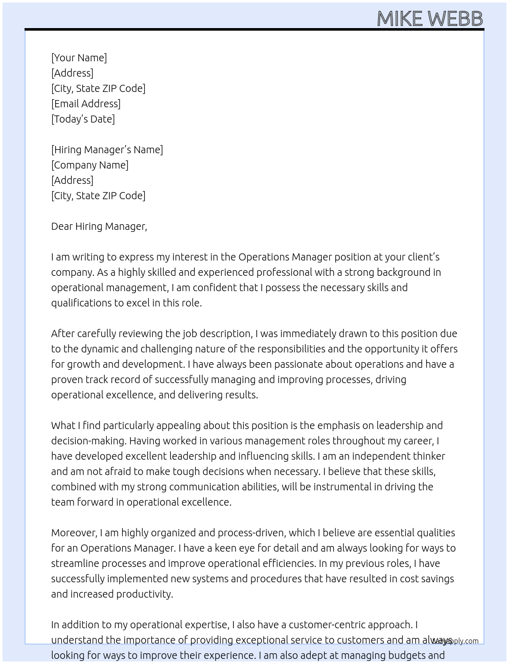 Operations Manager At your client Cover Letter