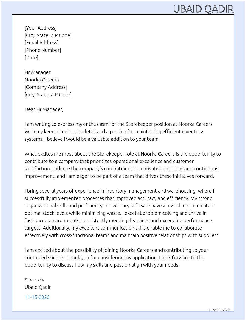 Storekeeper At Noorka careers Cover Letter