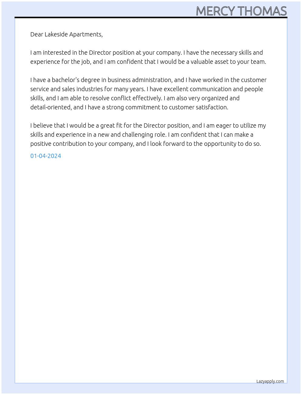 Director At Lakeside Apartments, A2-14, Cover Letter