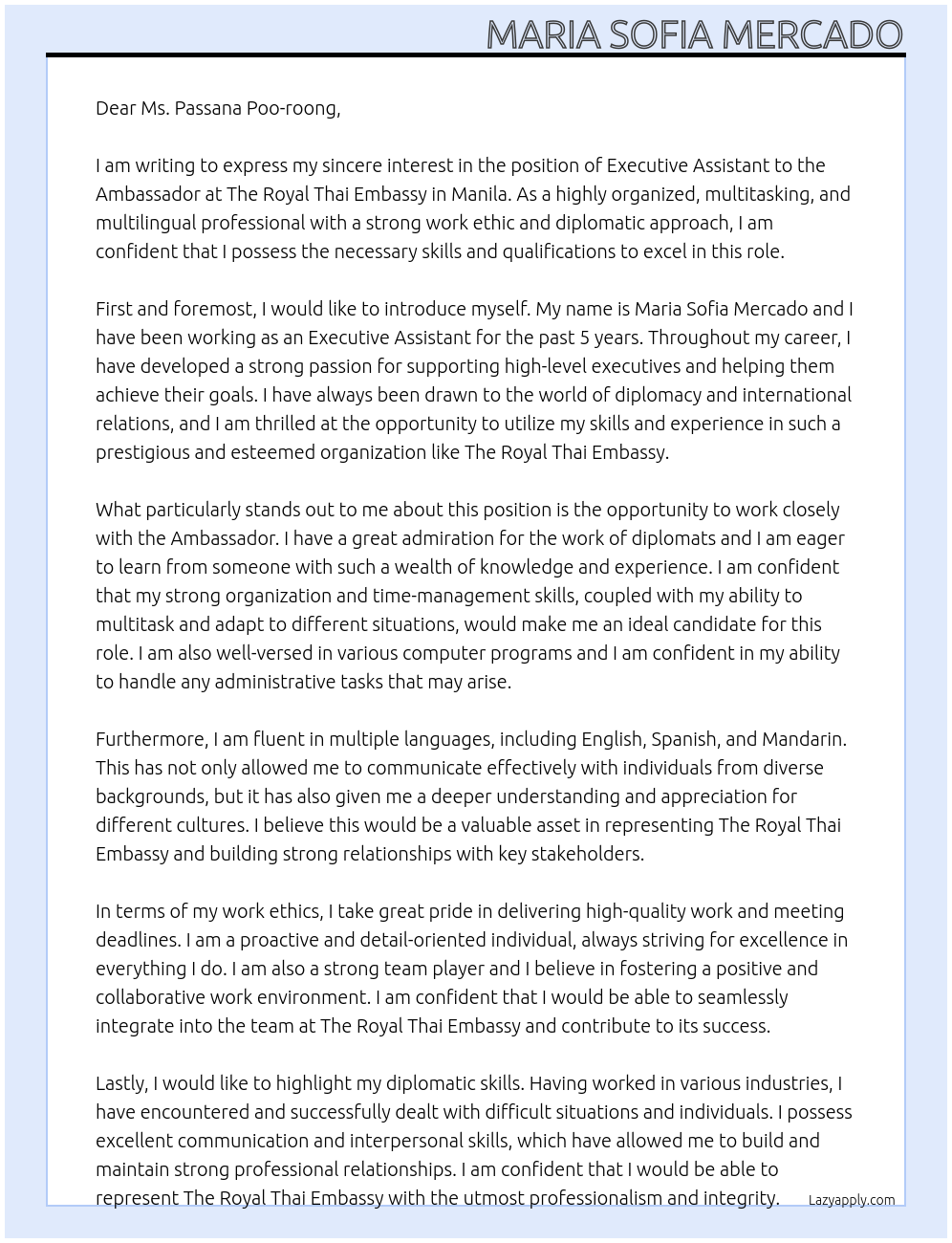 Executive Assistant to the Ambassador  At The Royal Thai Embassy in Manila  Cover Letter