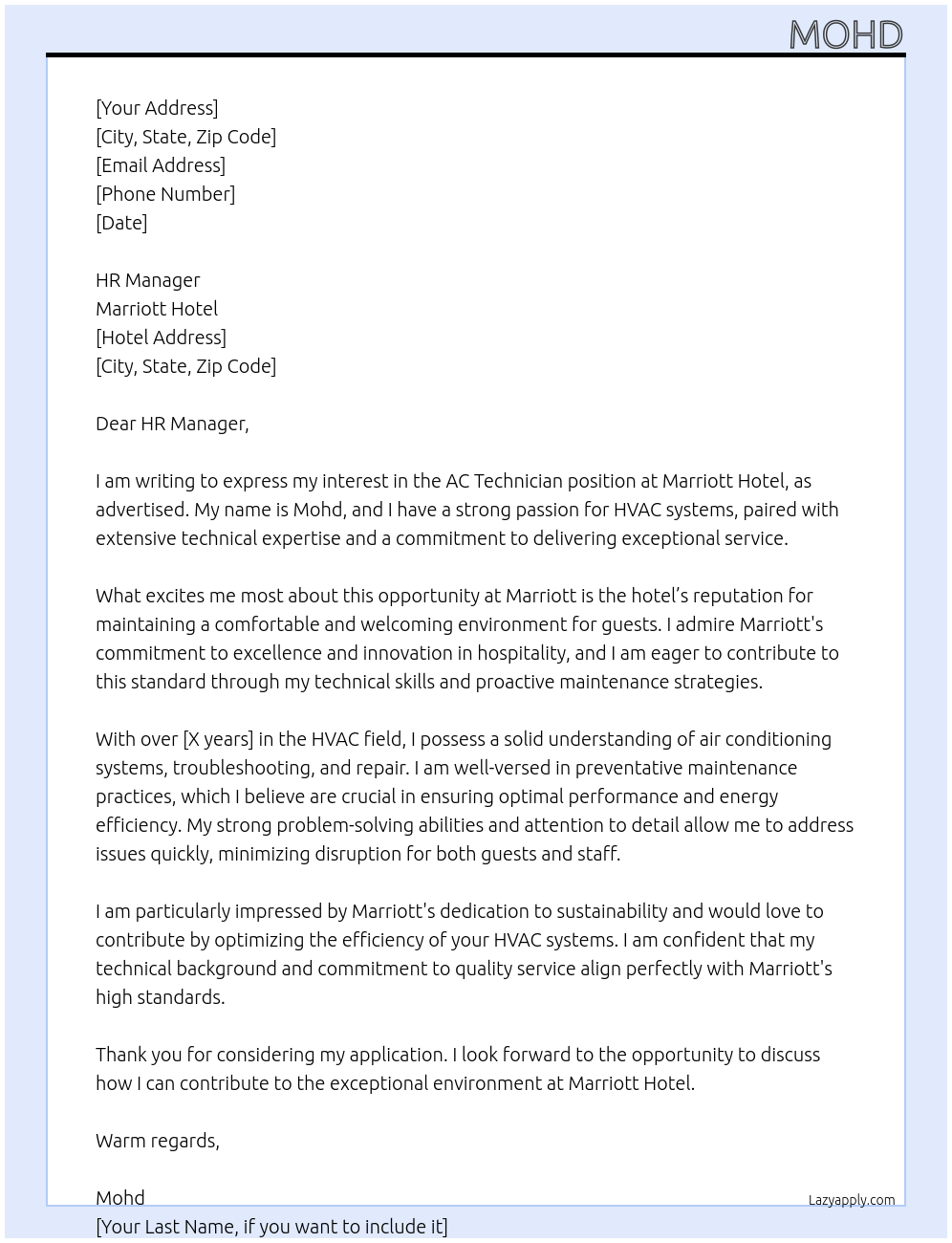Ac Technician At Marriott Hotel Cover Letter