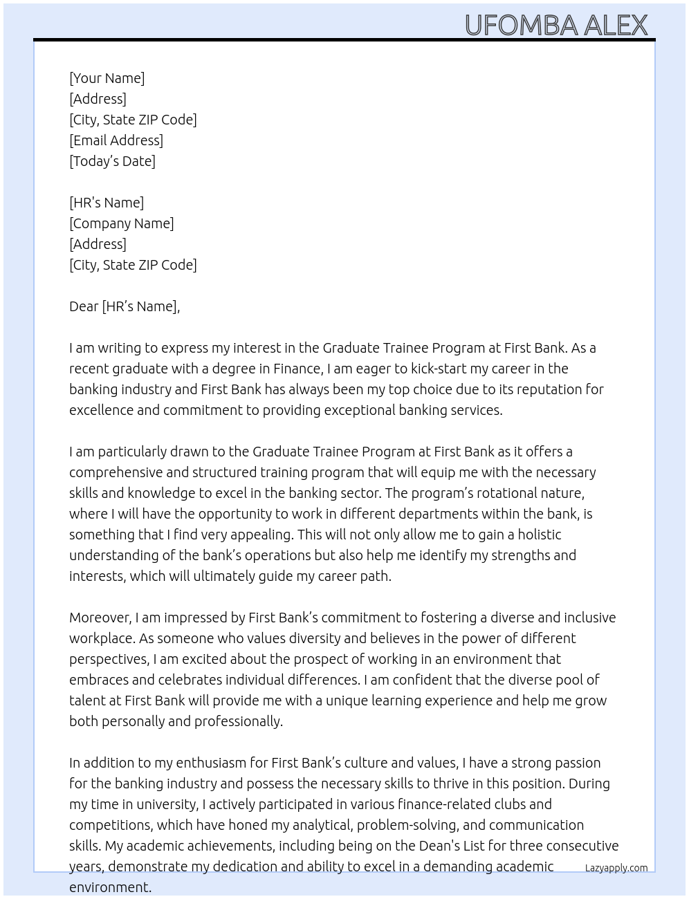 Graduate trainee program At First Bank Cover Letter