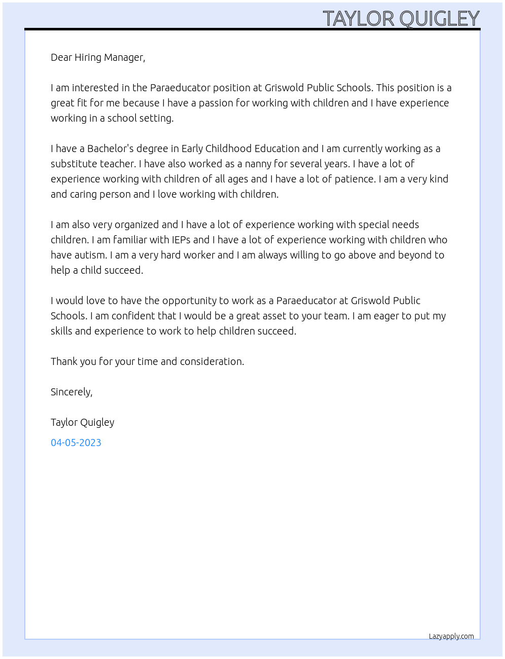 Paraeducator At Griswold Public Schools Cover Letter