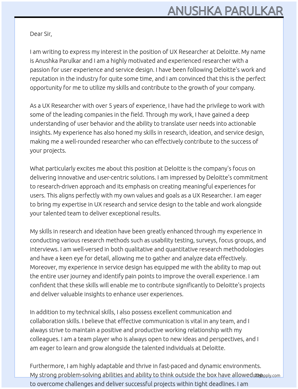 UX Researcher At deloitte Cover Letter