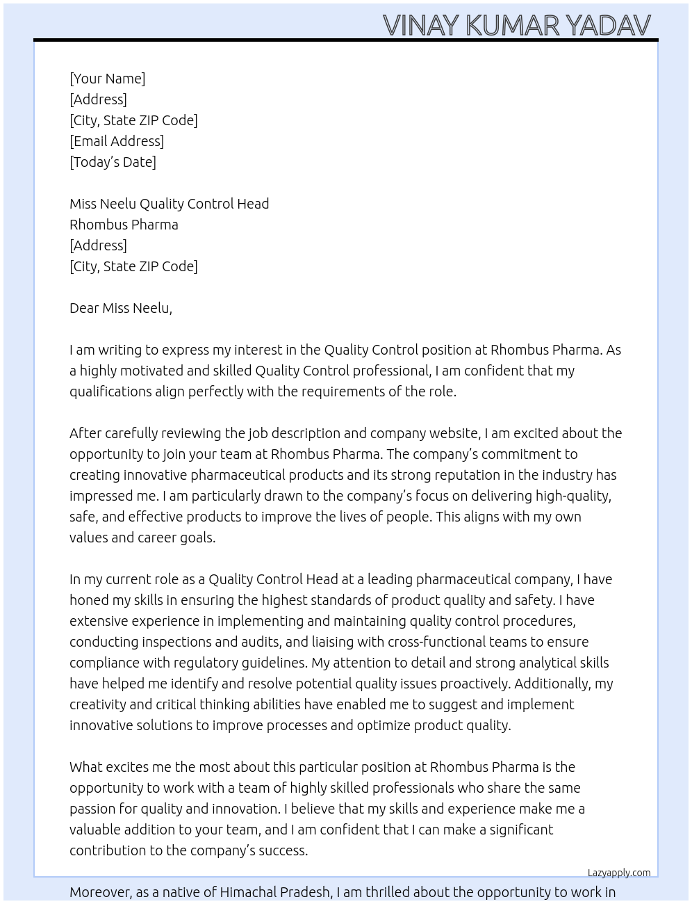 Quality Control At Rhombus Pharma Cover Letter