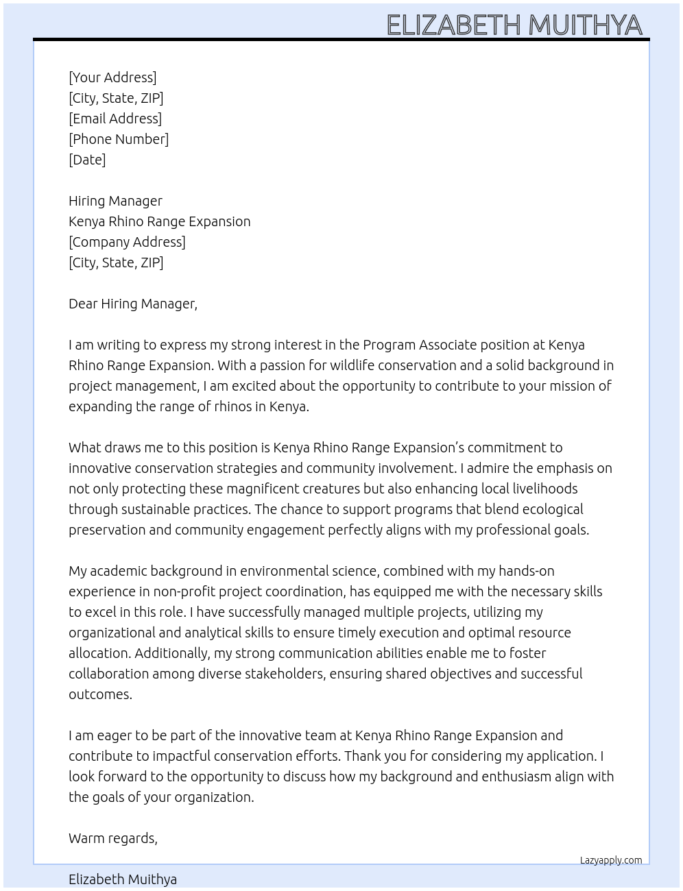 Program Associate At Kenya Rhino Range Expansion Cover Letter