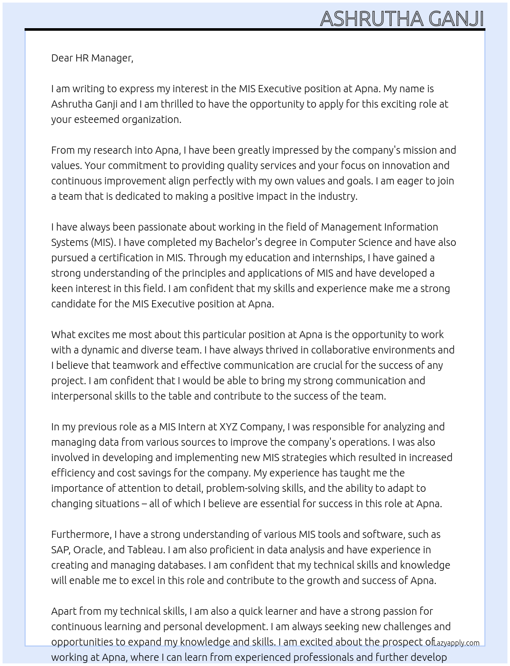 MIS Executive At Apna Cover Letter