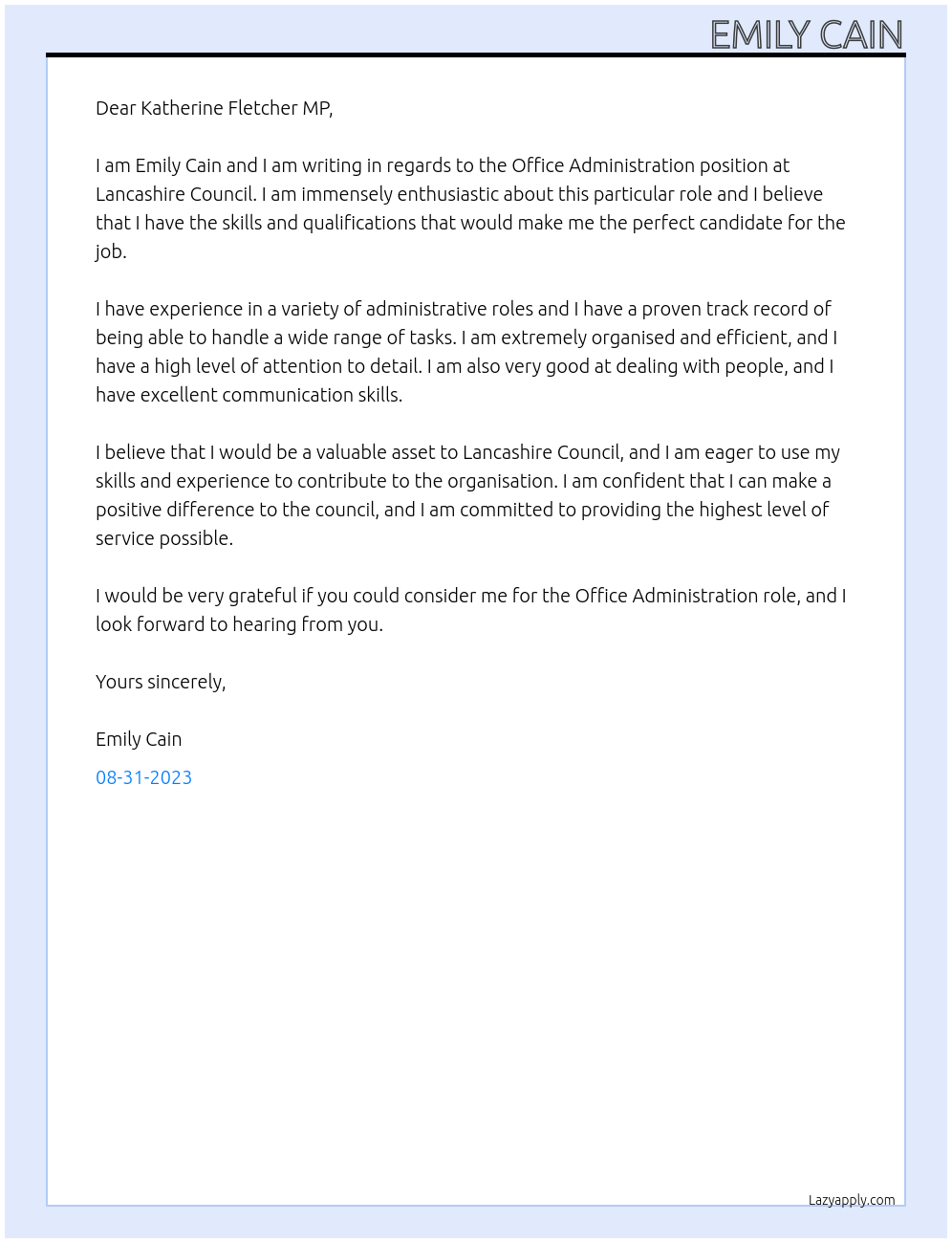 Office Administration  At Lancashire Council Cover Letter
