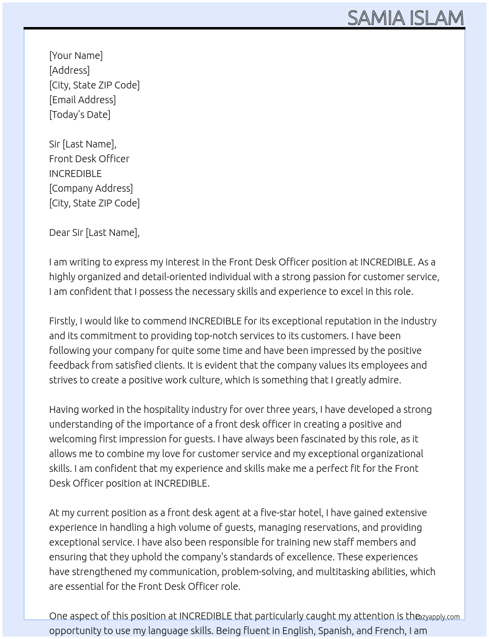 front desk officer At INCREDIBLE Cover Letter