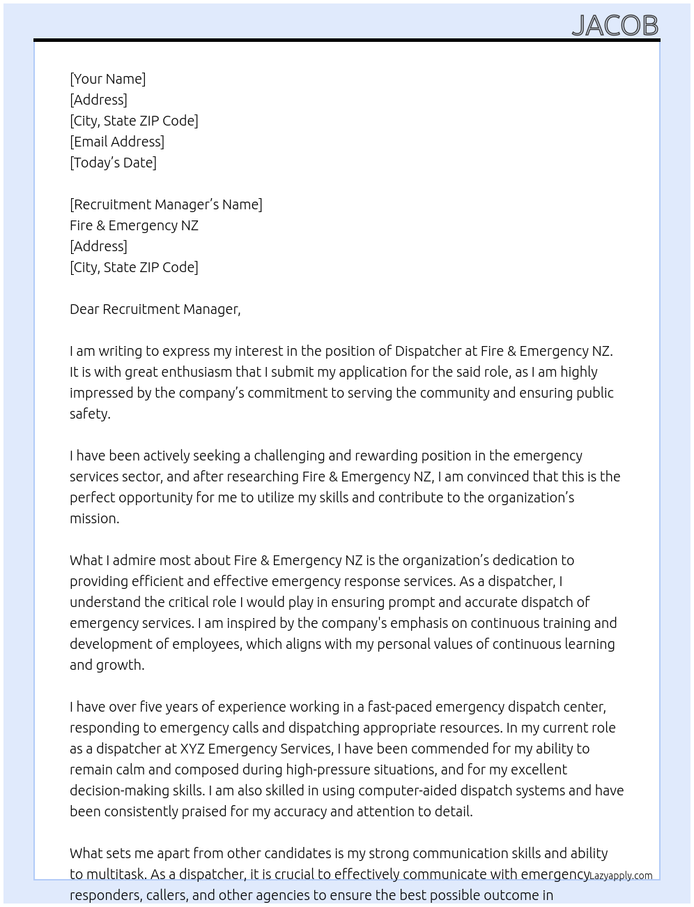 Dispatcher At Fire & Emergency NZ Cover Letter