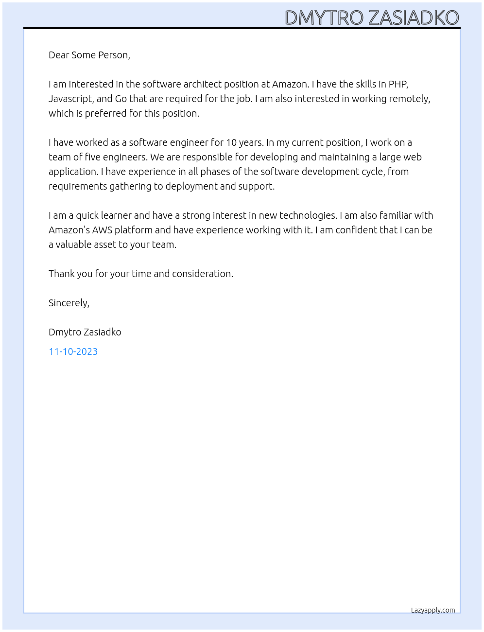 Software architect At Amazon Cover Letter