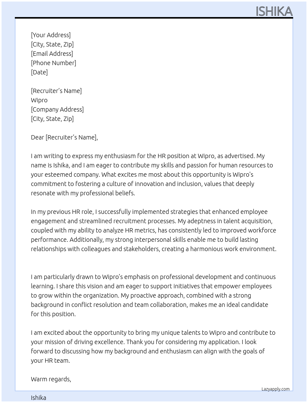 hr At wipro Cover Letter