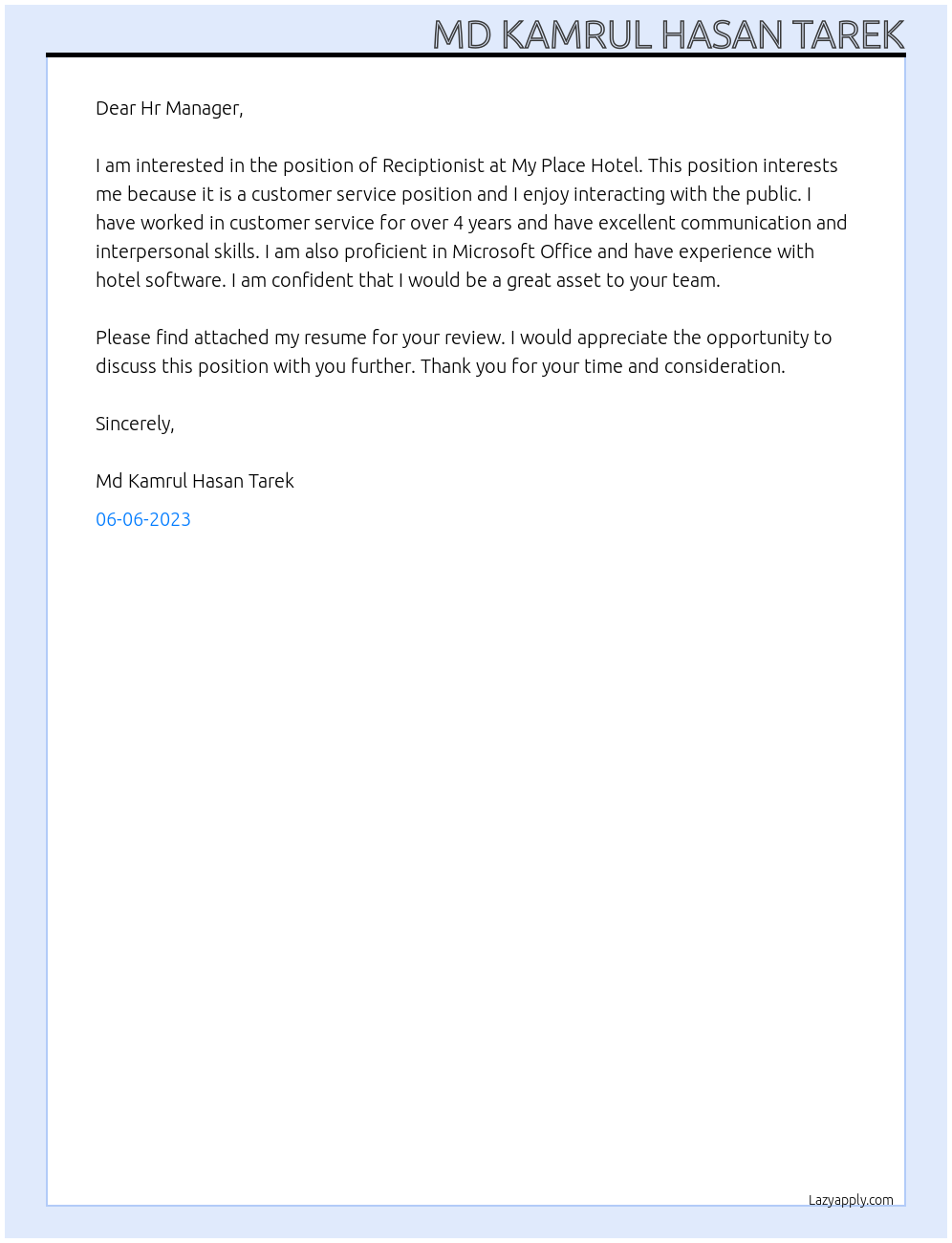 Reciptionist At My Place Hotel  Cover Letter