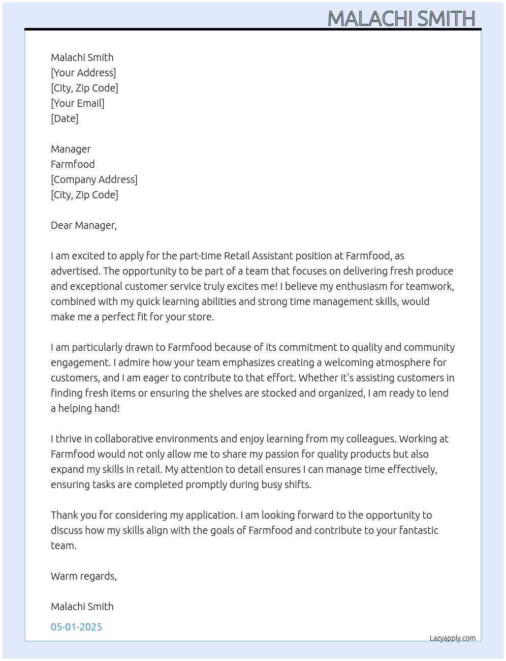 retail assistant At Farmfood Cover Letter