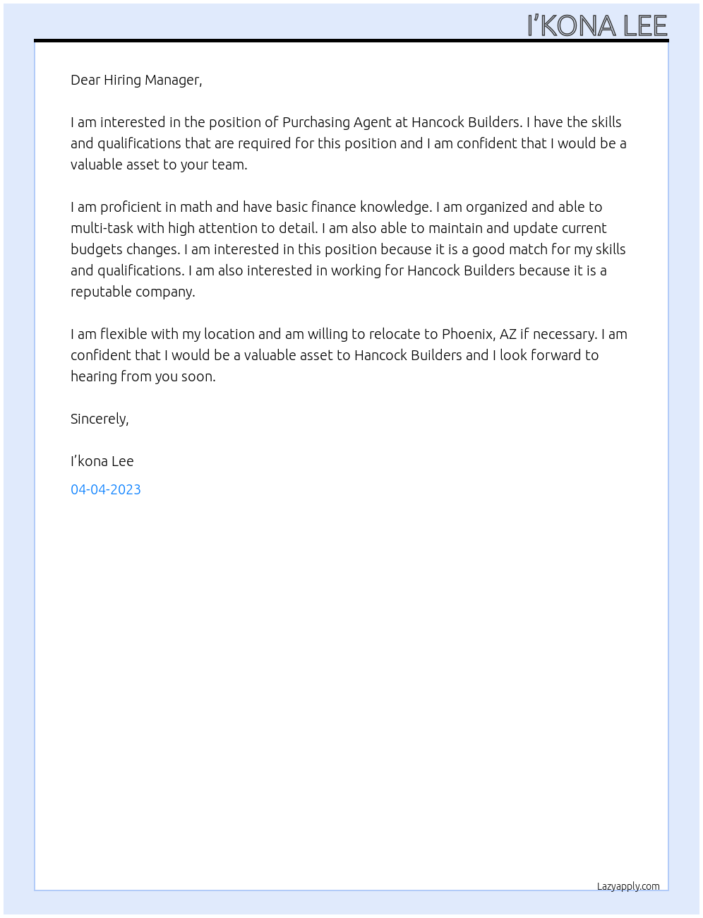 Purchasing Agent At Hancock Builders Cover Letter