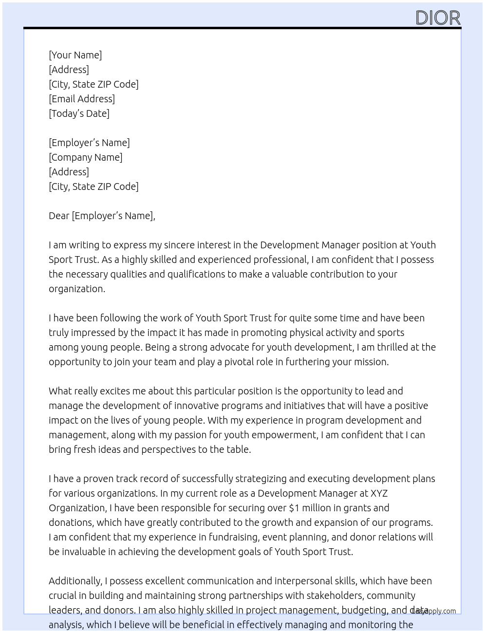 Development manager At youth sport trust Cover Letter