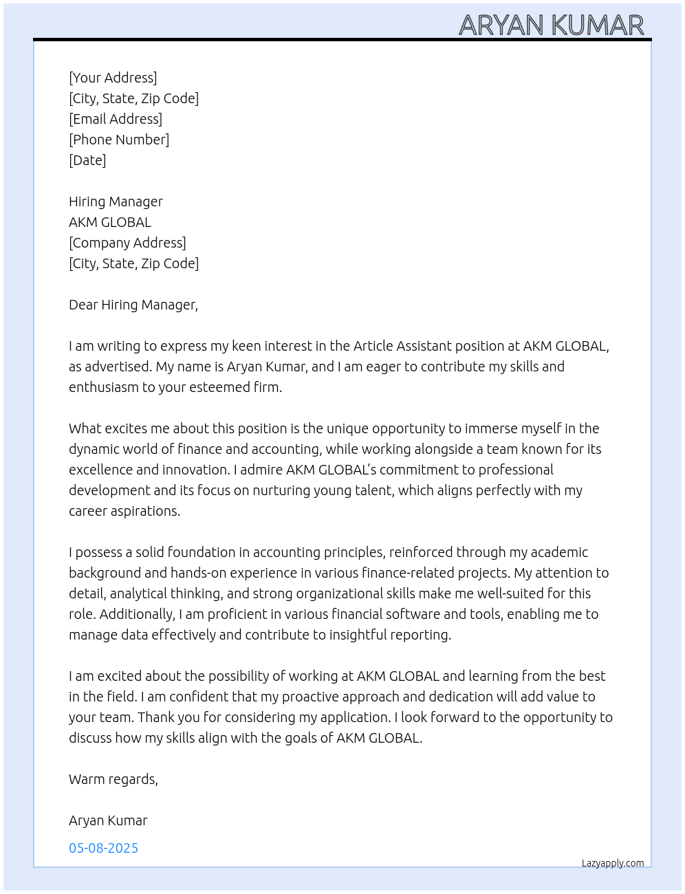 Article assistant At AKM GLOBAL Cover Letter