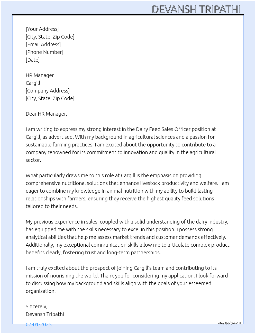 Dairy feed sale officer At Cargill Cover Letter