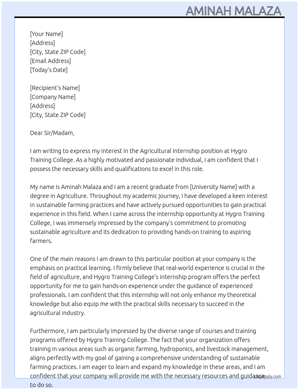 Agricultural internship  At Hygro training college Cover Letter